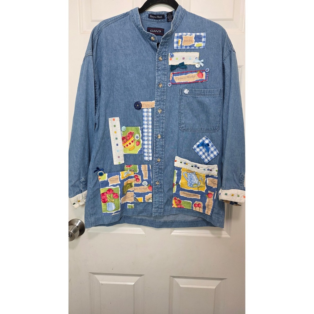 Gant Denim Patchwork Shirt Womens L Blue Cottagecore Enzyme Wash Garden Grandmas
